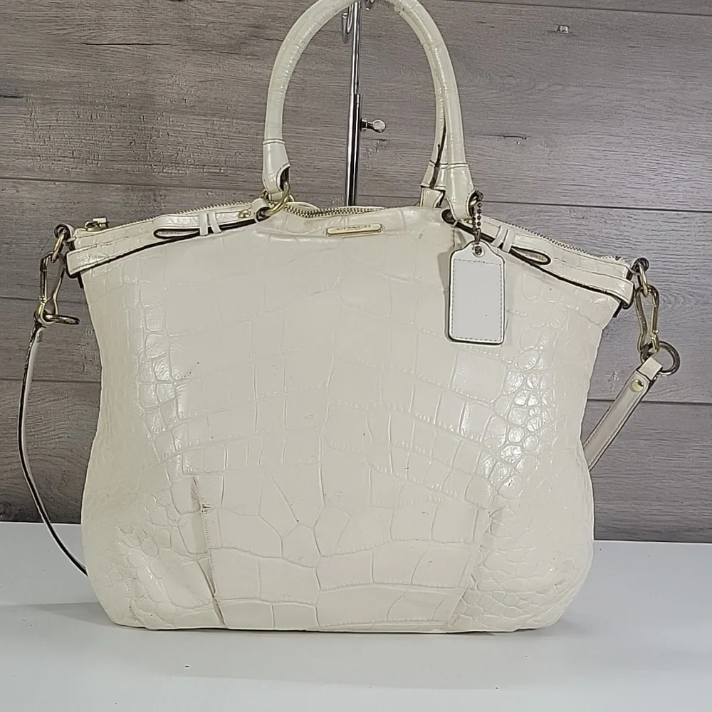 Coach Off-White Croc-Embossed Leather Top-Handle Satchel Crossbody Bag F23042